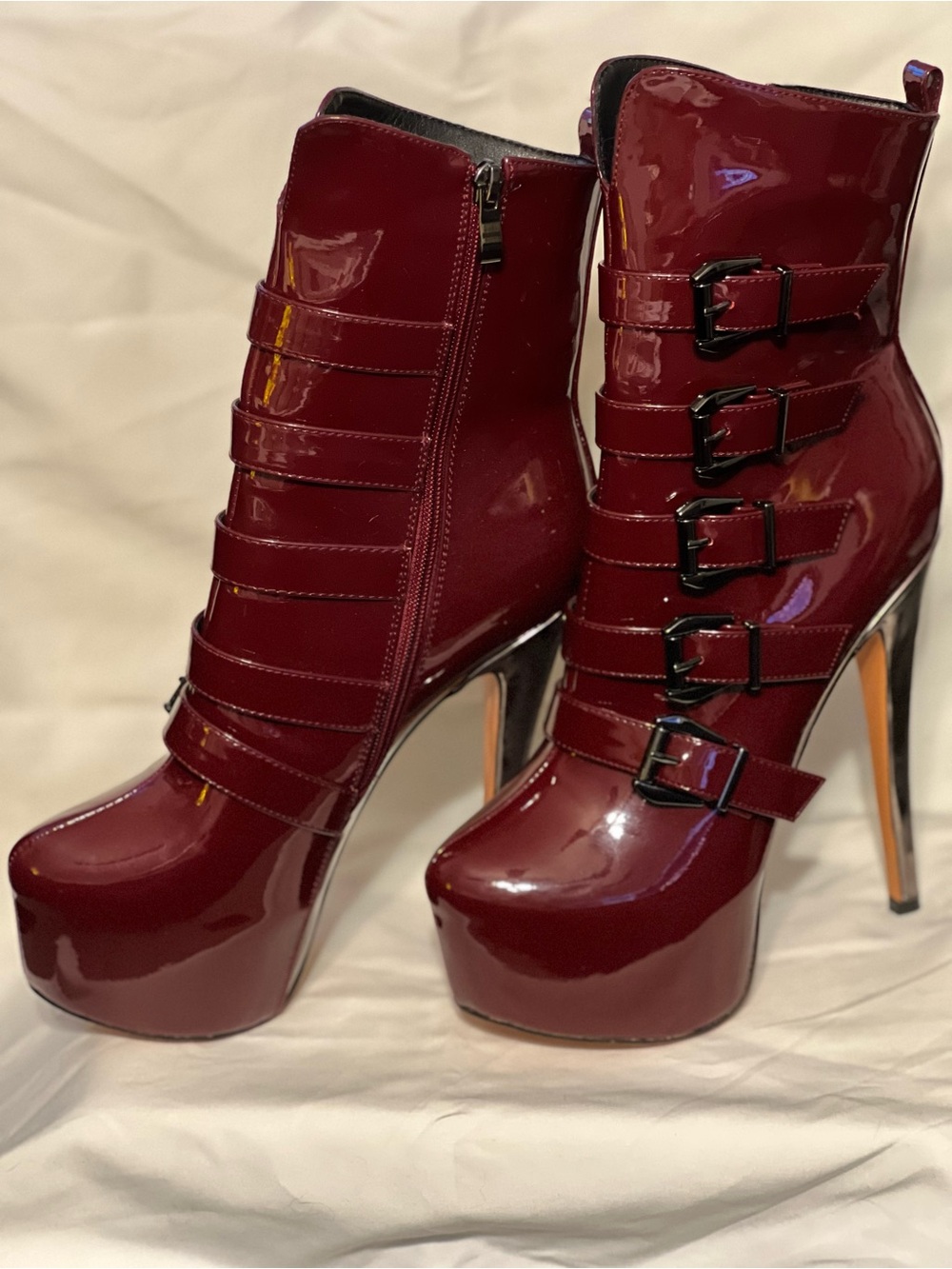 Women’s Burgundy Patent Platform Ankle Boots with Buckle Straps